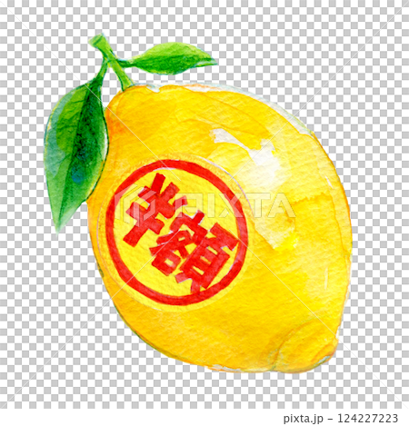 水彩イラスト　半額シールが貼られたレモン 124227223