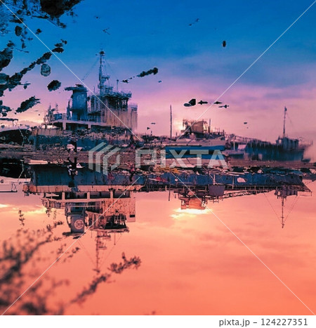 朝焼け時 水面に反射する座礁船 124227351