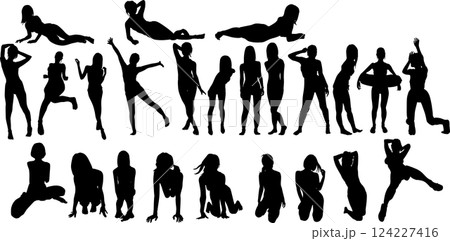 ポーズをとる水着を着た女性のシルエットイラスト 124227416