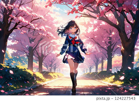 桜並木を楽しそうに歩く女子高生 124227543