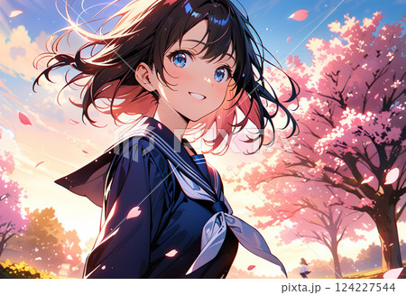 桜の下で笑顔の女子高生 124227544