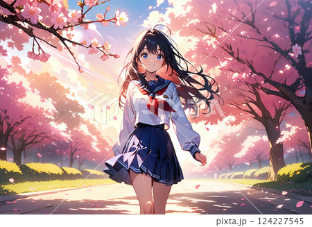 桜の木の下に立つ女子高生 124227545