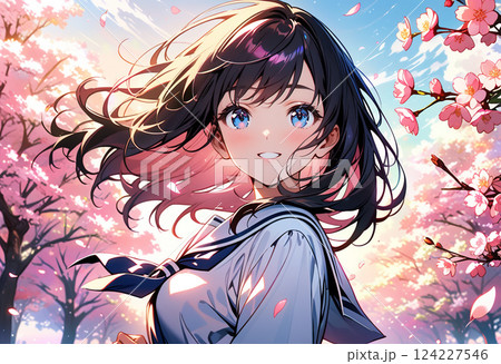 桜の木の下に立つ女子高生 124227546