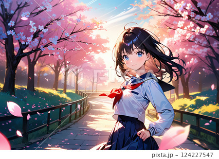 桜の中で笑顔を見せる女子高生 124227547