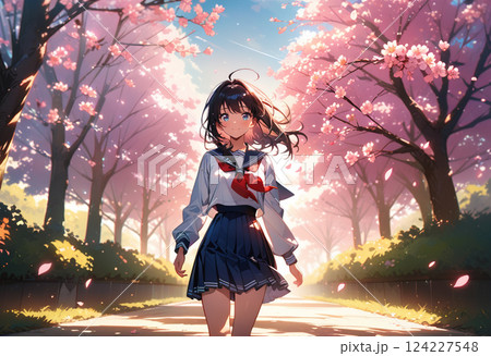 桜並木を楽しそうに歩く女子高生 124227548