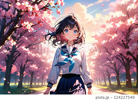 桜並木を楽しそうに歩く女子高生 124227549