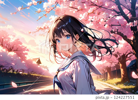 桜の木の下に立つ女子高生 124227551