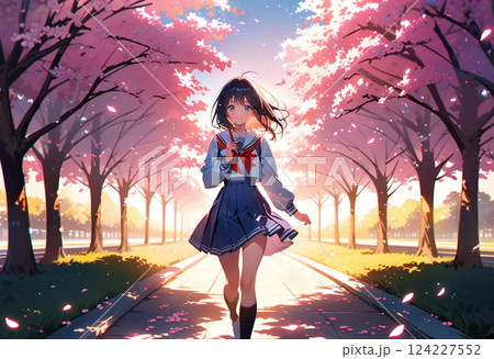 夕暮れの桜を見上げる若い女性 124227552