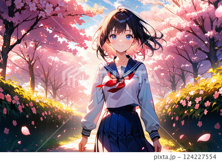 桜の木の下に立つ女子高生 124227554
