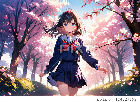 桜並木を歩く女子高生 124227555