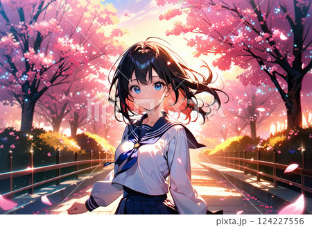 夕暮れの桜を背景にした女子高生 124227556