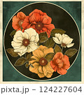 Vintage-inspired botanical illustration of poppies and peonies in earthy tones 124227604