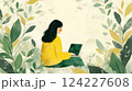 Woman in yellow sweater working on laptop outdoors, surrounded by nature 124227608