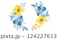 Minimalist watercolor floral arrangement in blue and yellow on white background 124227613