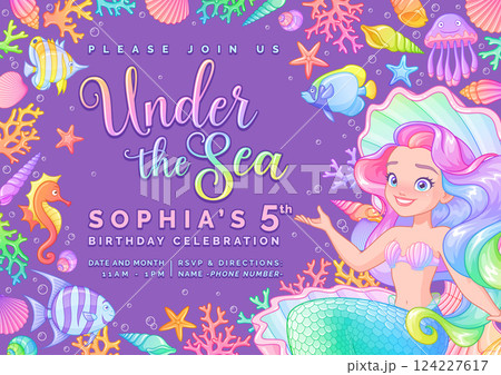 Birthday party invitation with a cute mermaid. Vector template on purple background. Birthday party invitation with a cute mermaid. Vector template on purple background. 124227617