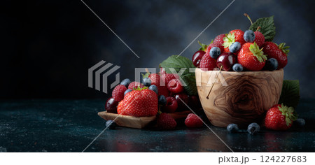 Berries closeup colorful assorted mix. 124227683