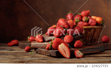 Fresh strawberries on an old wooden table. 124227725