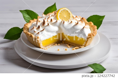 Lemon meringue pie, A dessert pie with a shortcrust pastry base filled with tangy lemon curd and topped generously with fluffy meringue. AI Generated 124227742