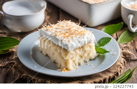 Coconut Tres Leches Cake is a moist, rich dessert soaked in three kinds of milk, infused with coconut flavor and topped with whipped cream and toasted coconut. AI Generated 124227743