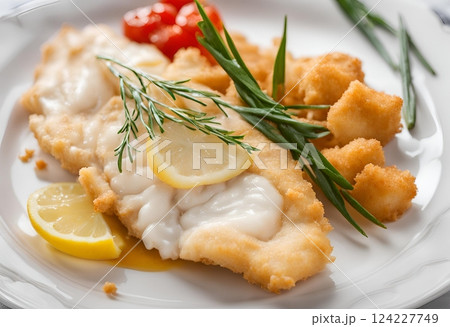 Crispy battered cod, golden and perfectly fried, offering a crunchy exterior and tender with flaky interior, ideal for a classic seafood dish or comforting meal. AI Generated 124227749