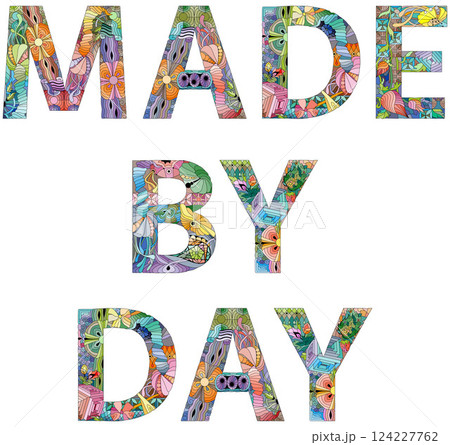 Words MADE BY DAY. It is a chemical element. Hand drawn lettering. Vector text. Words MADE BY DAY. It is a chemical element. Hand drawn lettering. Vector text. 124227762