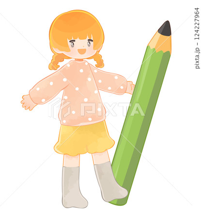 大きな鉛筆を持つ子ども 女の子 大きな鉛筆を持つ子ども 女の子 124227964