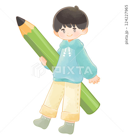 大きな鉛筆を持つ子ども　男の子 124227965