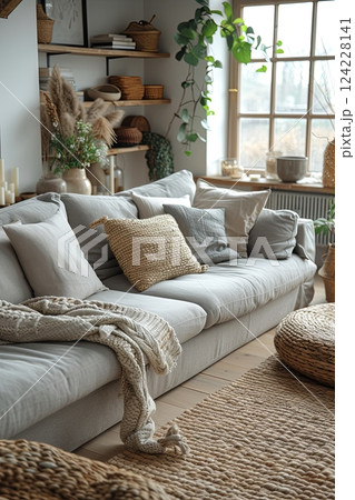 Living room with couch, rug and window 124228141
