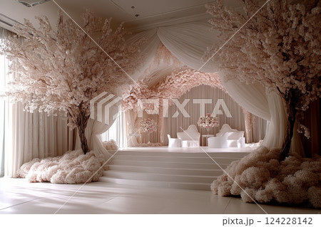 Wedding reception hall with white canopy and pink flowers, curtains, carpet. Very elegant and romantic atmosphere 124228142