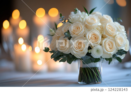 Bridal bouquet of white roses in glass vase on table, surrounded by candles, creating a warm and intimate atmosphere 124228143