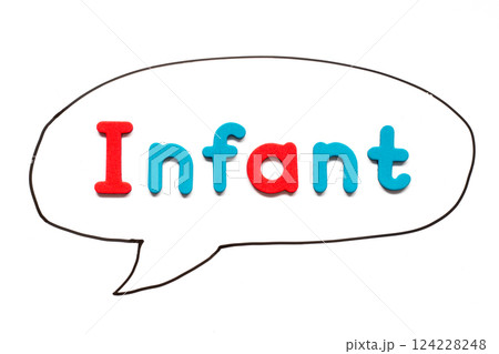 Alphabet letter with word infant in black line hand drawing as bubble speech on white board background Alphabet letter with word infant in black line hand drawing as bubble speech on white board background 124228248