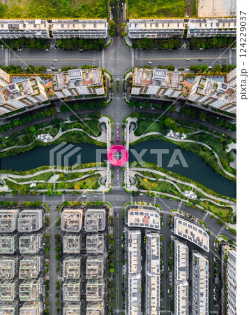 luxury residential district sala city with river, modern houses, green tropical parks and modern environment, contemporary real estate of Ho Chi Minh city, Vietnam, aerial drone view 124229037