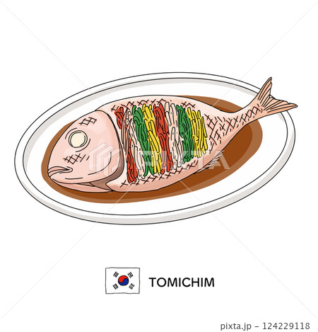 韓国料理＿トミチム（鯛の蒸し物）の線画イラスト 124229118