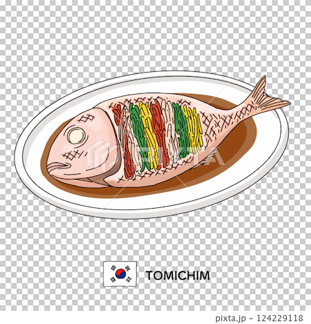 韓国料理＿トミチム（鯛の蒸し物）の線画イラスト 124229118