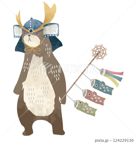 こどもの日を祝うくまさんのイラスト（絵本風の水彩タッチ） 124229130