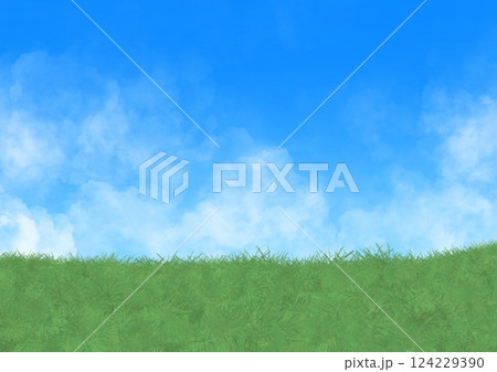 うすい雲と青空と芝生の明るい背景イラスト 124229390