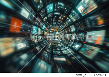 Data stream flowing through digital tunnel visualization in cyberspace 124229631