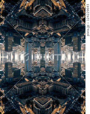 mirrored geometry lines and shapes, symmetry perspective intricate pattern, hi-tech abstract background with technology fractals mirrored geometry lines and shapes, symmetry perspective intricate pattern, hi-tech abstract background with technology fractals 124229643
