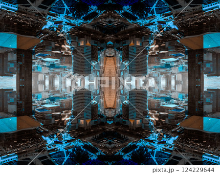 mirrored geometry lines and shapes, symmetry perspective intricate pattern, hi-tech abstract background with technology fractals 124229644