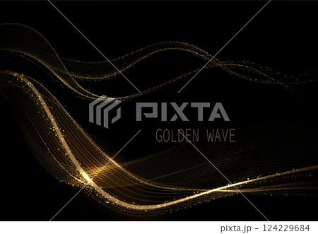 Isolated element, wavy illustration of golden color with sparkling tinsel on black background 124229684