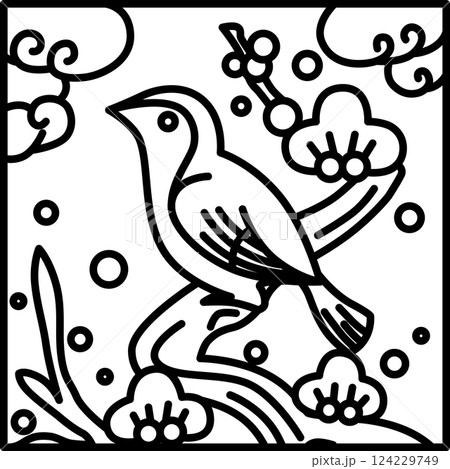 線画正方形シンプル花札　鶯　如月　梅　2月　梅に鶯 124229749