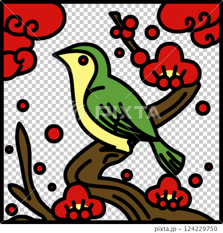 Color square simple Hanafuda card - Nightingale, Kisaragi, Plum, February, Plum and Nightingale 124229750