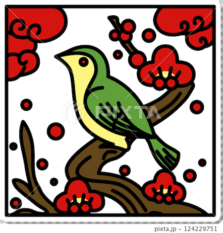 Sticker-style square simple Hanafuda - Nightingale, Kisaragi, Plum, February, Plum and Nightingale 124229751