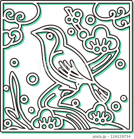 カラーシャドウ正方形シンプル花札 鶯 如月 梅 2月 梅に鶯 カラーシャドウ正方形シンプル花札 鶯 如月 梅 2月 梅に鶯 124229754