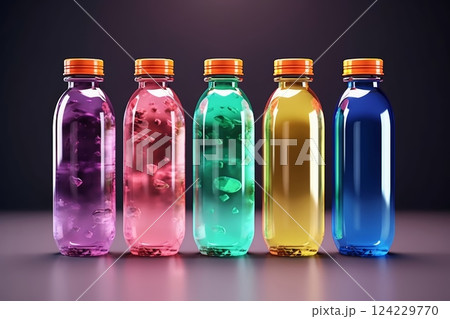 Colorful five plastic or glass bottles with drink. Generated AI 124229770