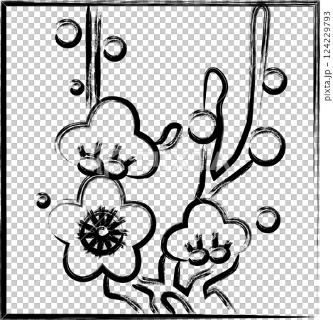 筆書き正方形シンプル花札　如月　梅　2月　梅のカス 124229793