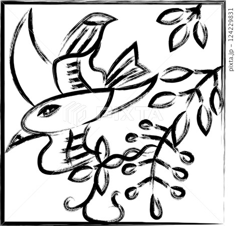 筆書き正方形シンプル花札　卯月　藤　不如帰　4月　藤に不如帰 124229831