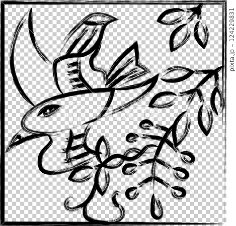 筆書き正方形シンプル花札　卯月　藤　不如帰　4月　藤に不如帰 124229831