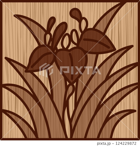 木彫り風正方形シンプル花札　菖蒲　杜若　皐月　5月　菖蒲のカス 124229872