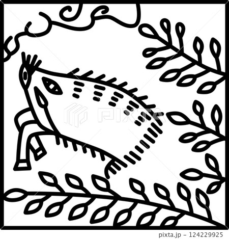 線画正方形シンプル花札　文月　萩　猪　7月　萩に猪 124229925